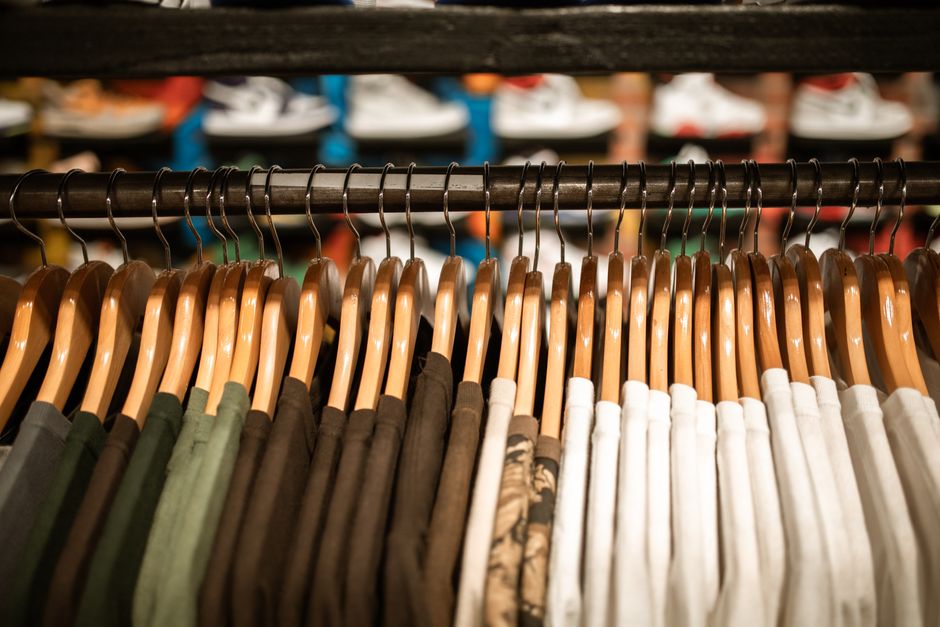 Rail of pressed shirts on hangers
